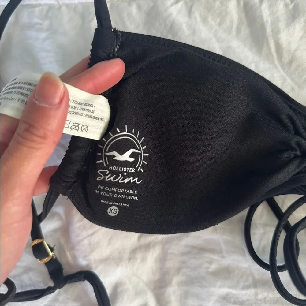 Hollister Cinched Black Bikini Top XS Tie Back Adjustable Straps Ruched Swim